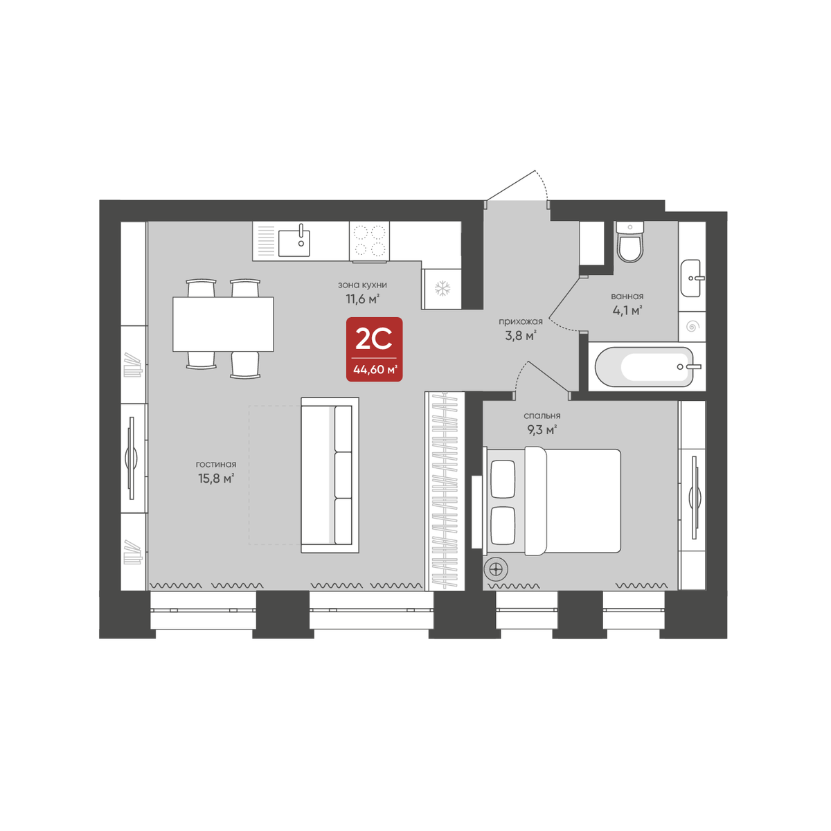 2-комнатная, 44.6 м², № 6 в Промышленная, 7