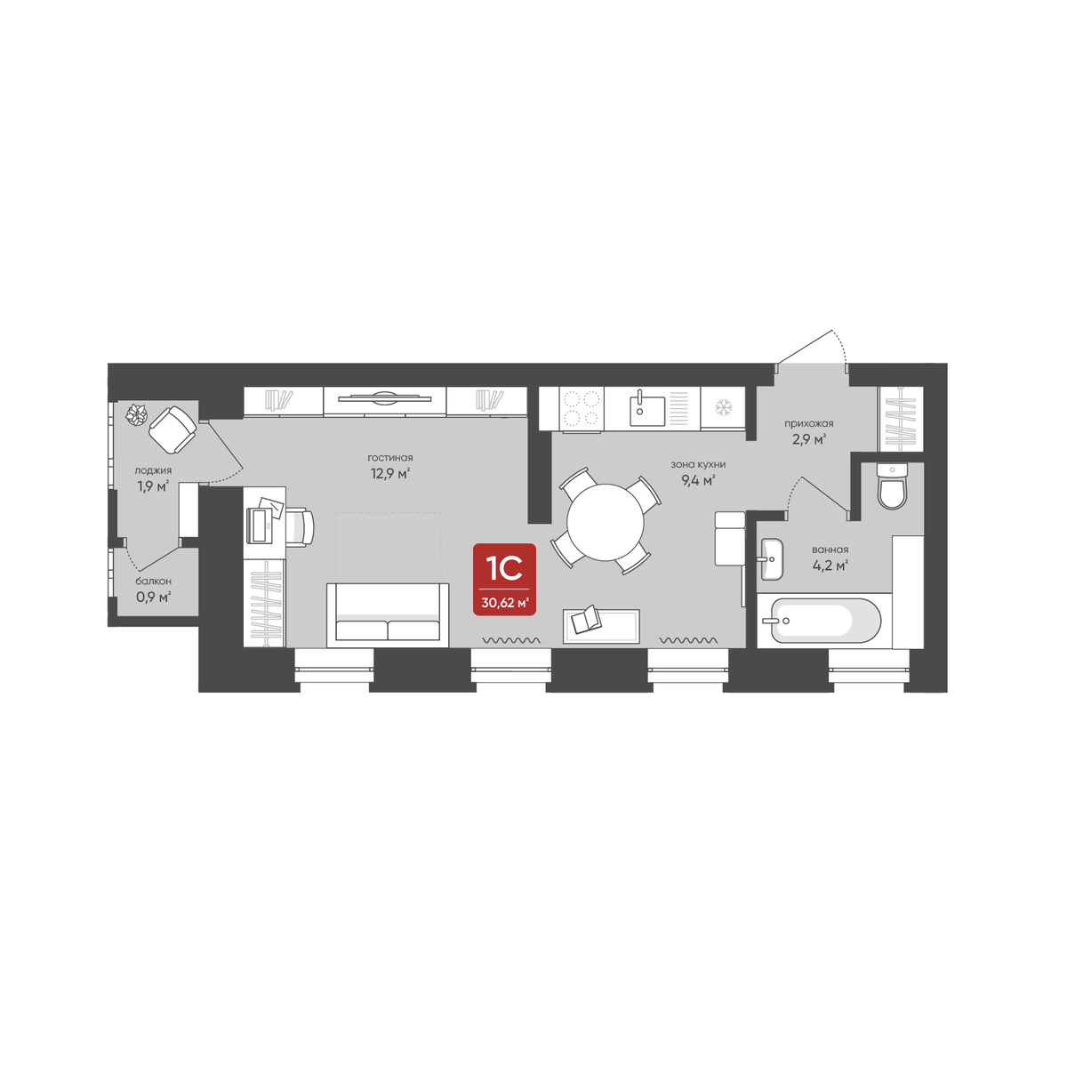Студия, 30.62 м², № 24 в Промышленная, 7