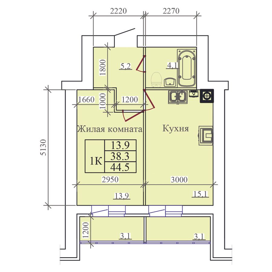 Планировка 1-комн. 3