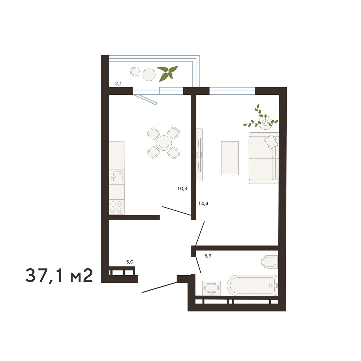 1-комнатная, 37.1 м², № 190 в Balance (Баланс)