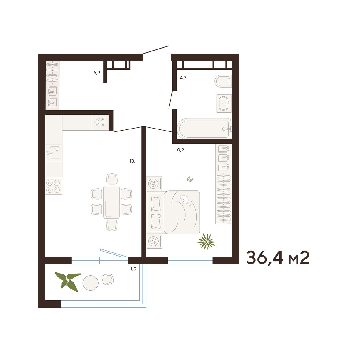 1-комнатная, 36.4 м², № 192 в Balance (Баланс)