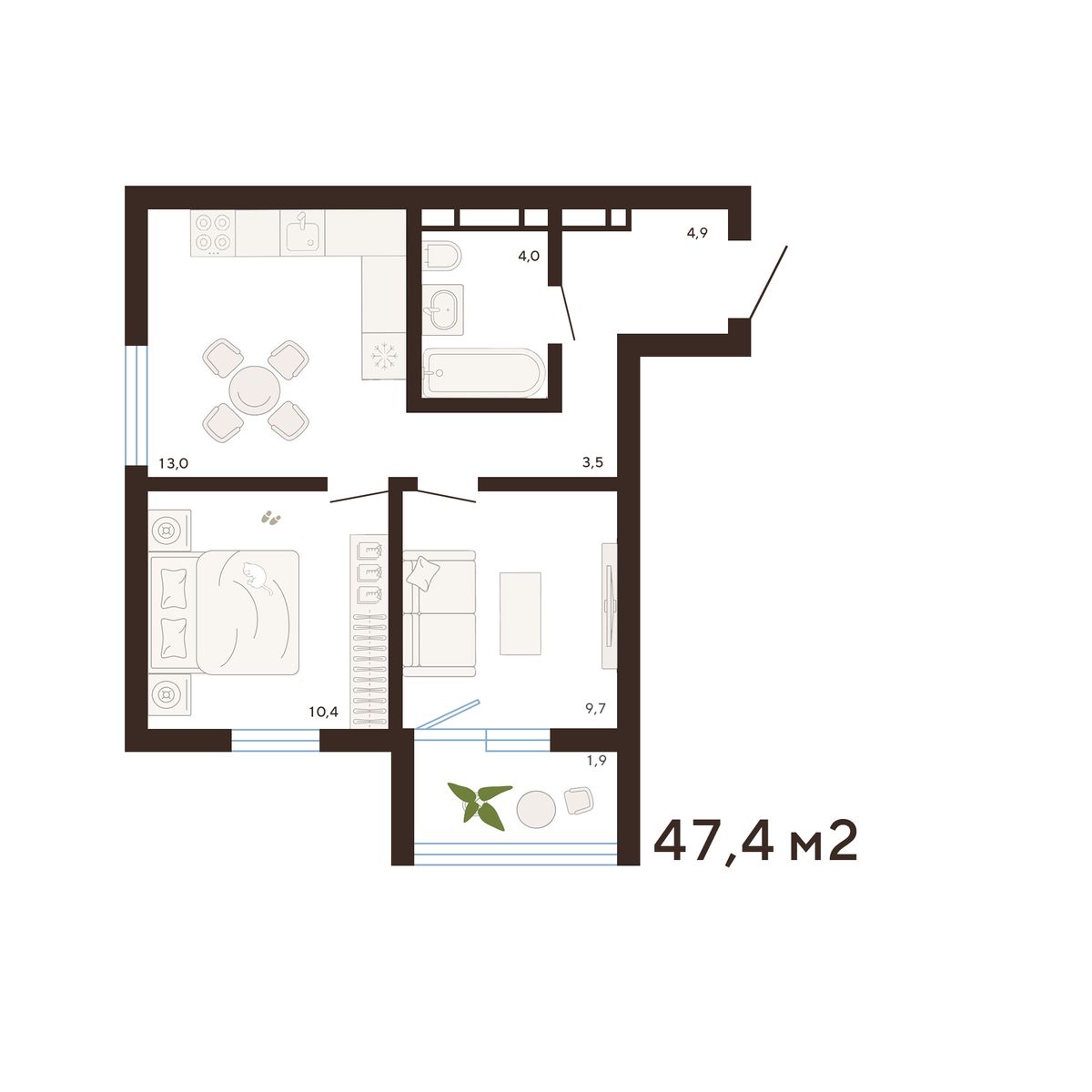 2-комнатная, 47.4 м², № 195 в Balance (Баланс)