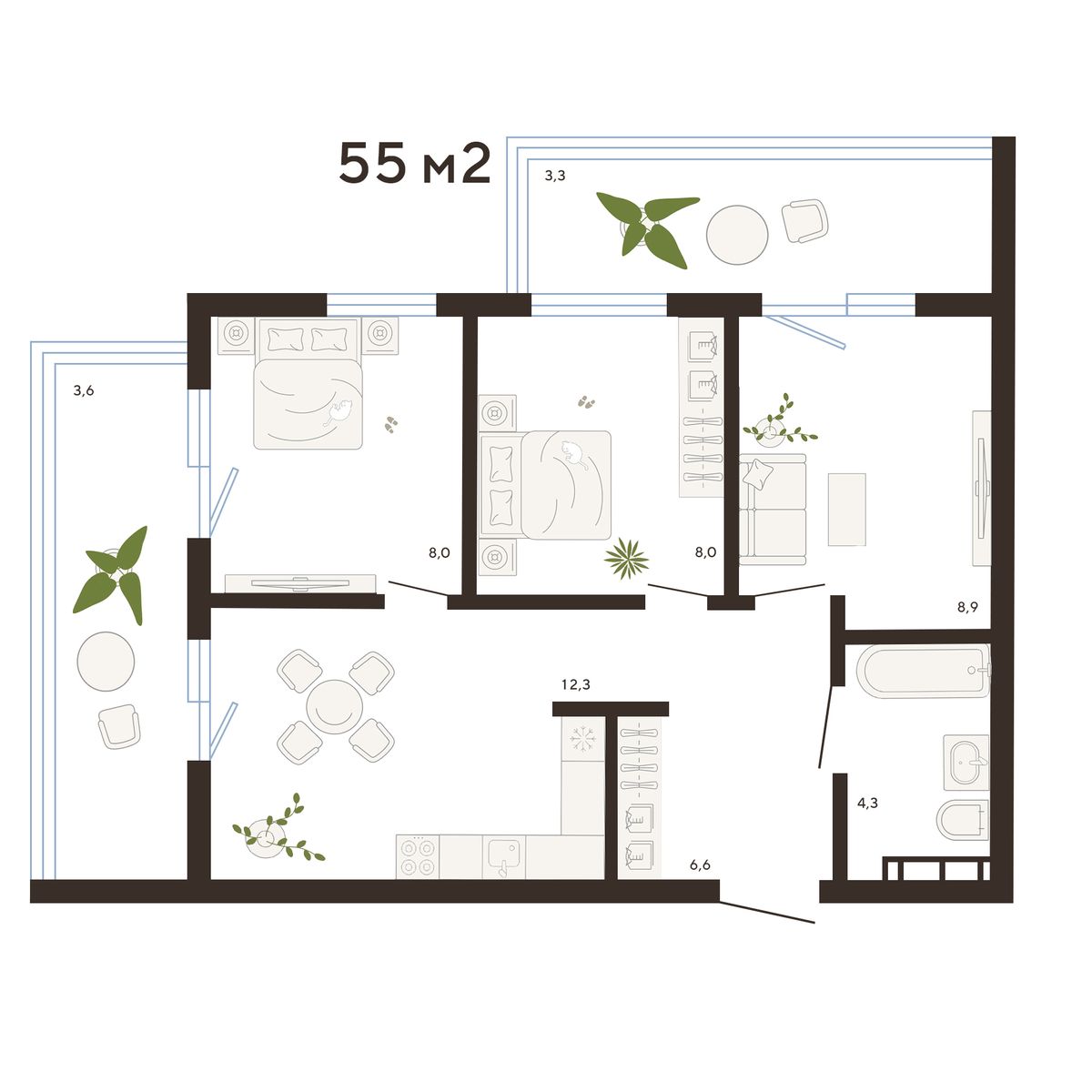 3-комнатная, 55 м², № 196 в Balance (Баланс)