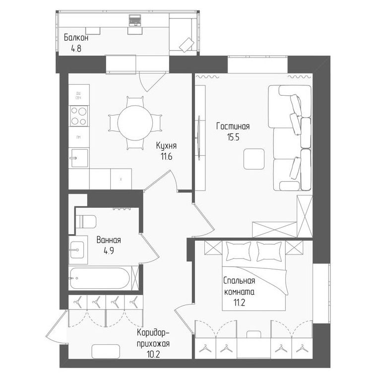 2-комнатная квартира, 54.8 кв.м, ЖК Тетрис, изображение-2