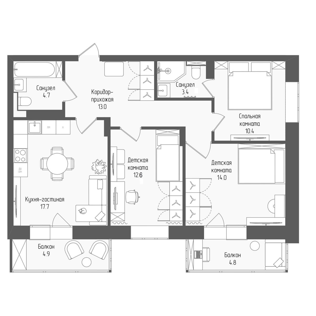 4-комнатная квартира, 77.6 кв.м, ЖК Тетрис, изображение-2