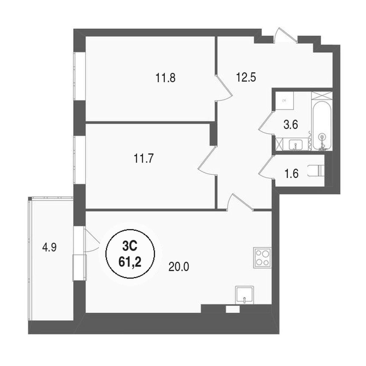 3-комнатная, 63.9 м2, ЖК «Тетрис»