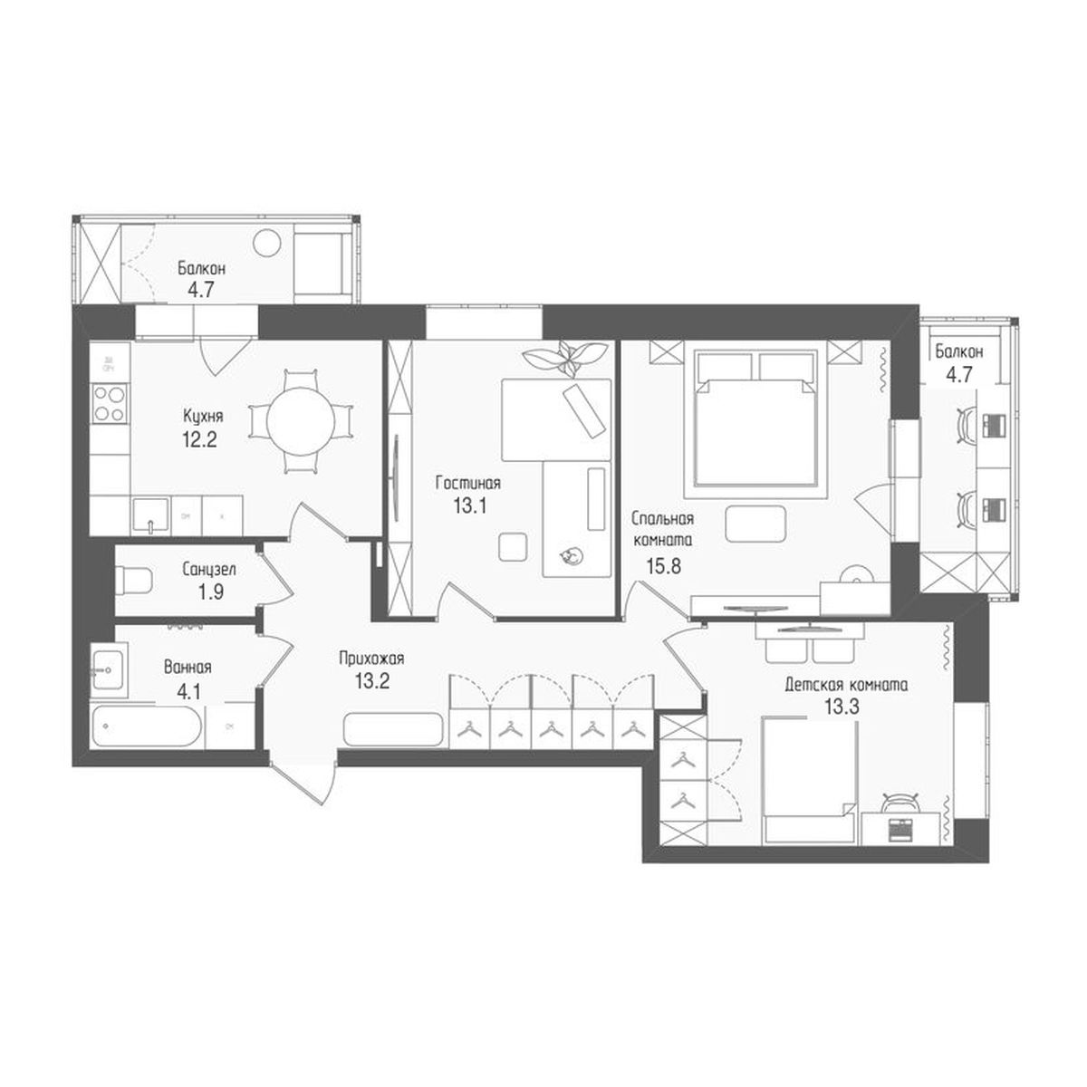 3-комнатная квартира, 76.8 кв.м, ЖК Тетрис, изображение-2