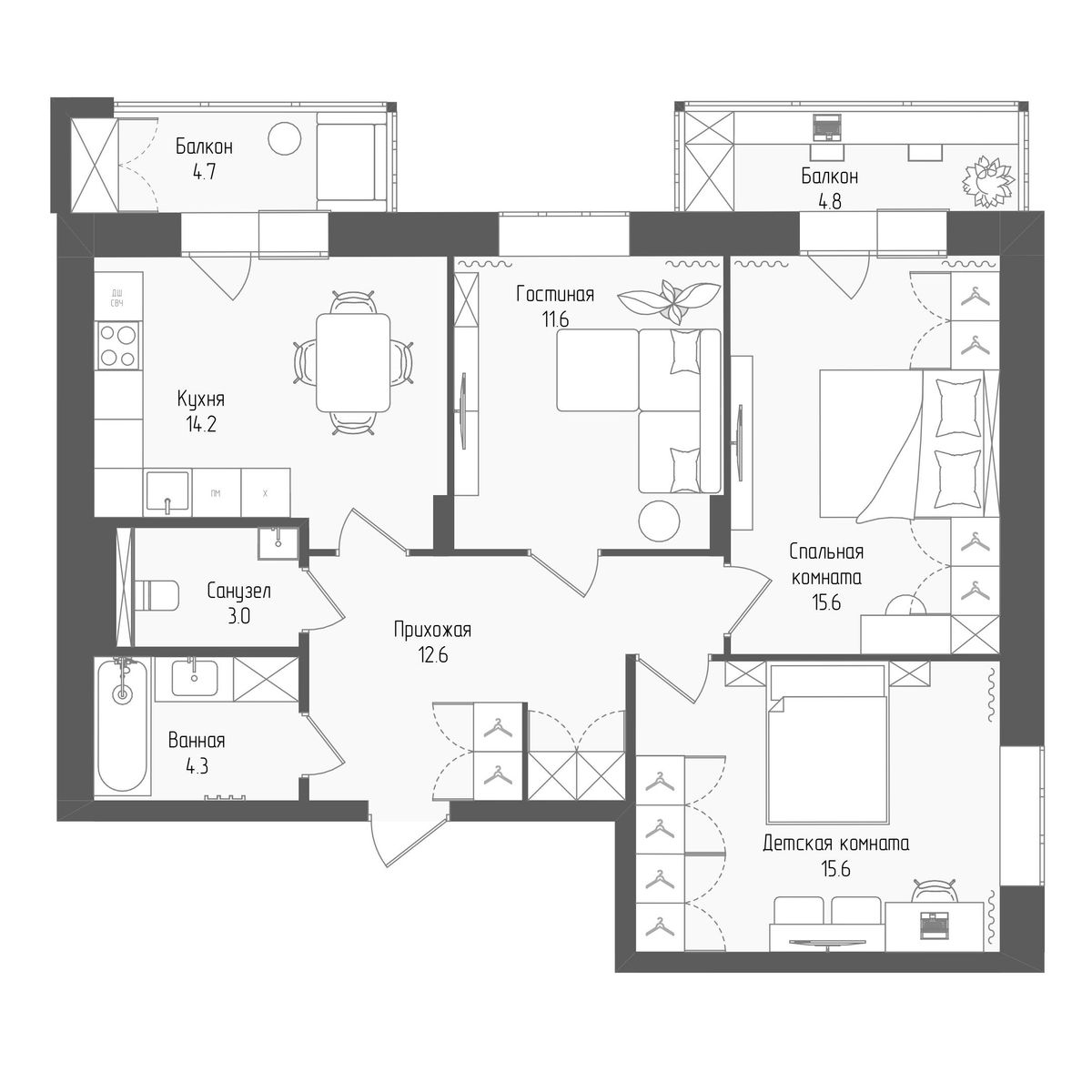 3-комнатная квартира, 79.7 кв.м, ЖК Тетрис, изображение-2