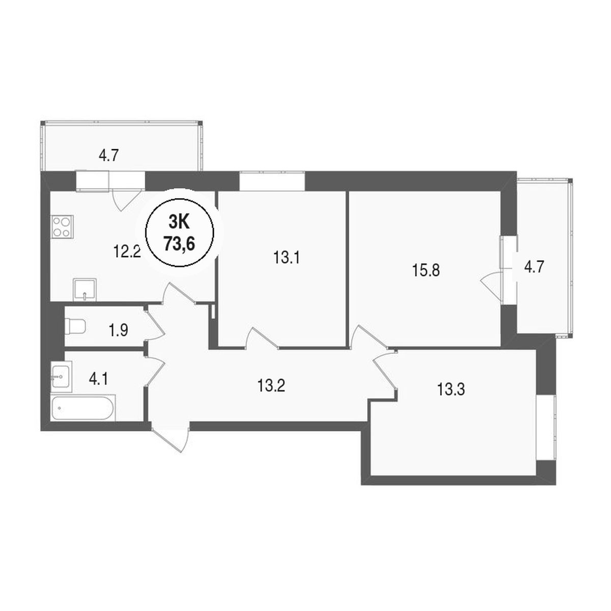 3-комнатная, 76.8 м2, ЖК «Тетрис»