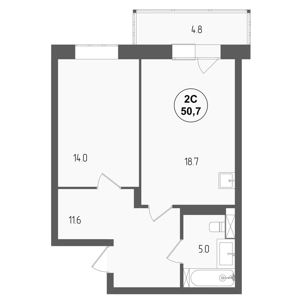 2-комнатная, 50.7 м², 17 этаж из 14, ЖК «Тетрис»