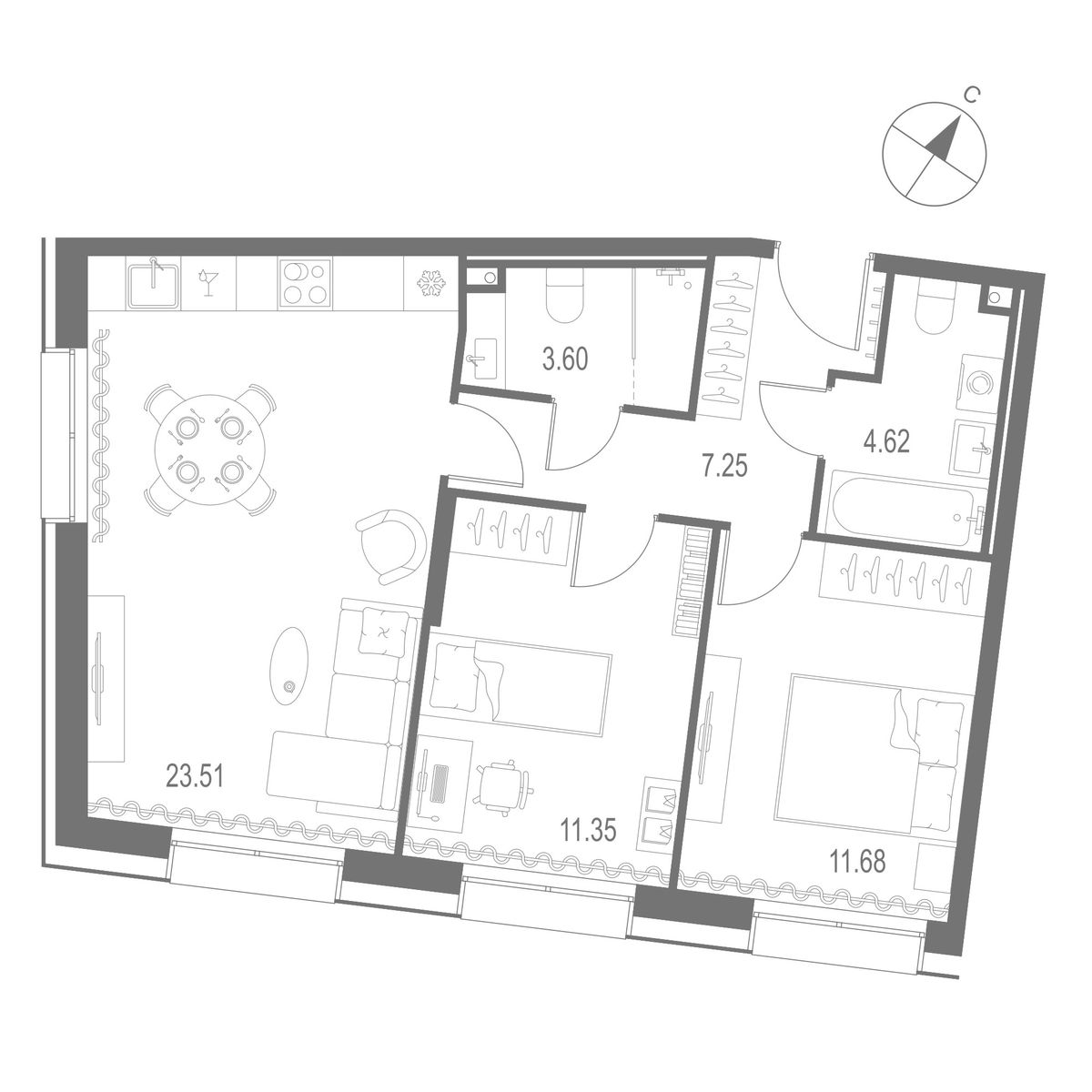 2-комнатная квартира, 62.01 кв.м, Остров Первых Клубный квартал на Неве, изображение-2