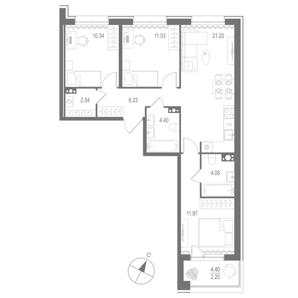 3-комнатная, 73.99 м2, ЖК "Остров Первых"