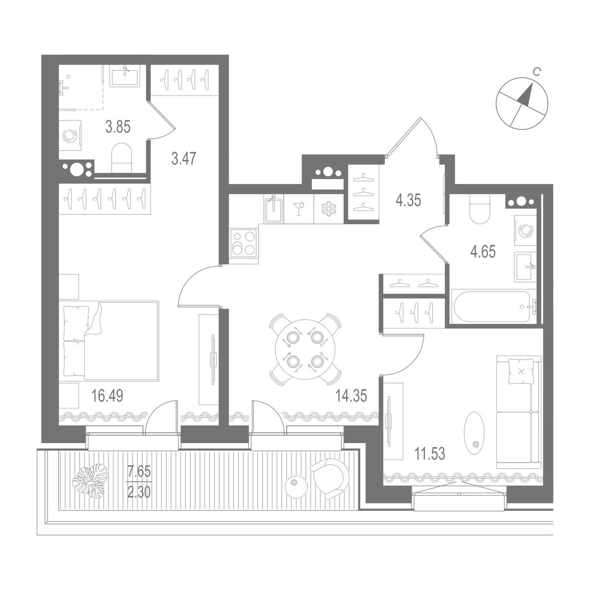 2-комнатная квартира, 60.99 кв.м, Остров Первых Клубный квартал на Неве, изображение-2