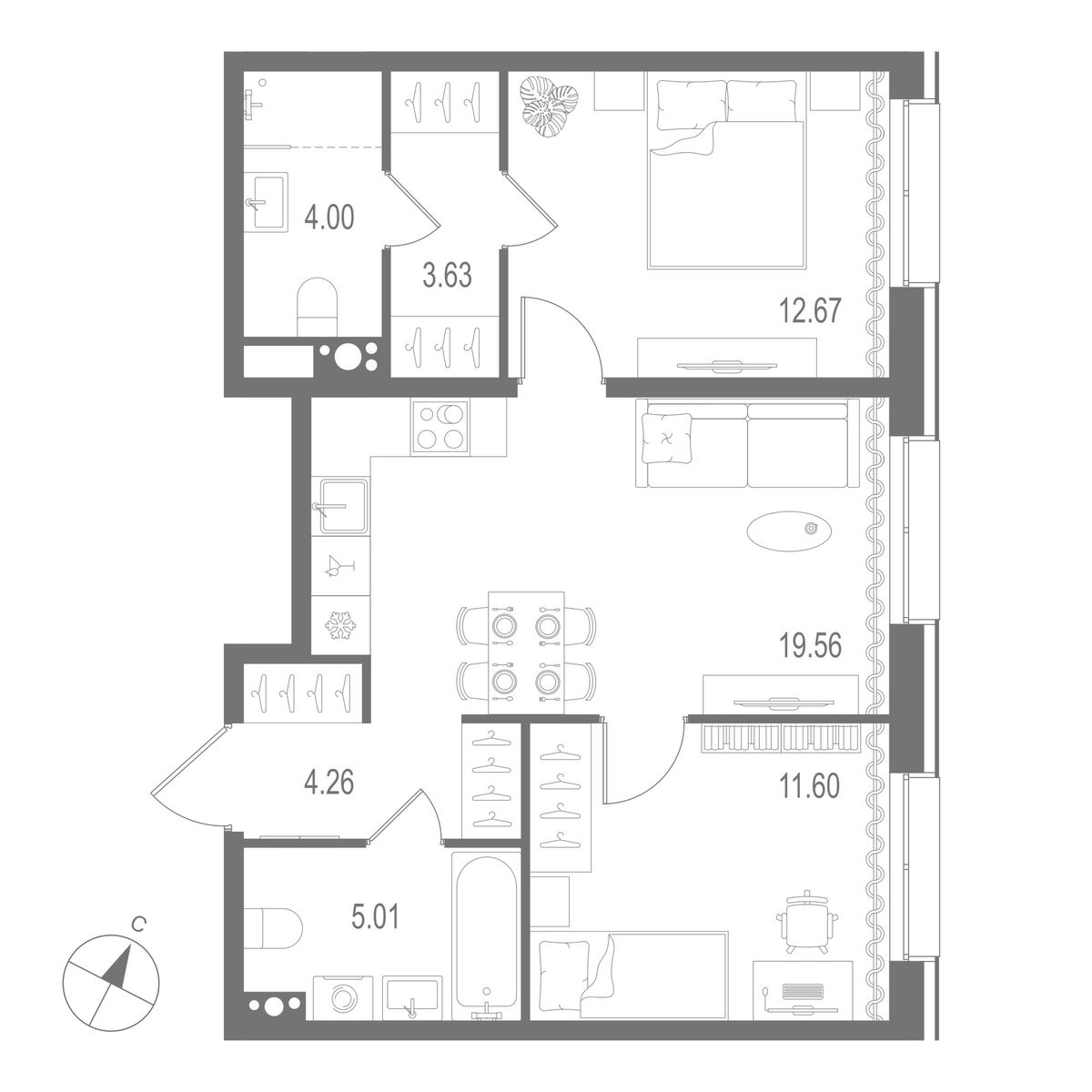 2-комнатная квартира, 60.73 кв.м, Остров Первых Клубный квартал на Неве, изображение-2