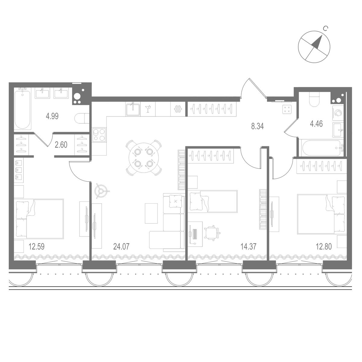 3-комнатная квартира, 84.22 кв.м, Остров Первых Клубный квартал на Неве, изображение-2