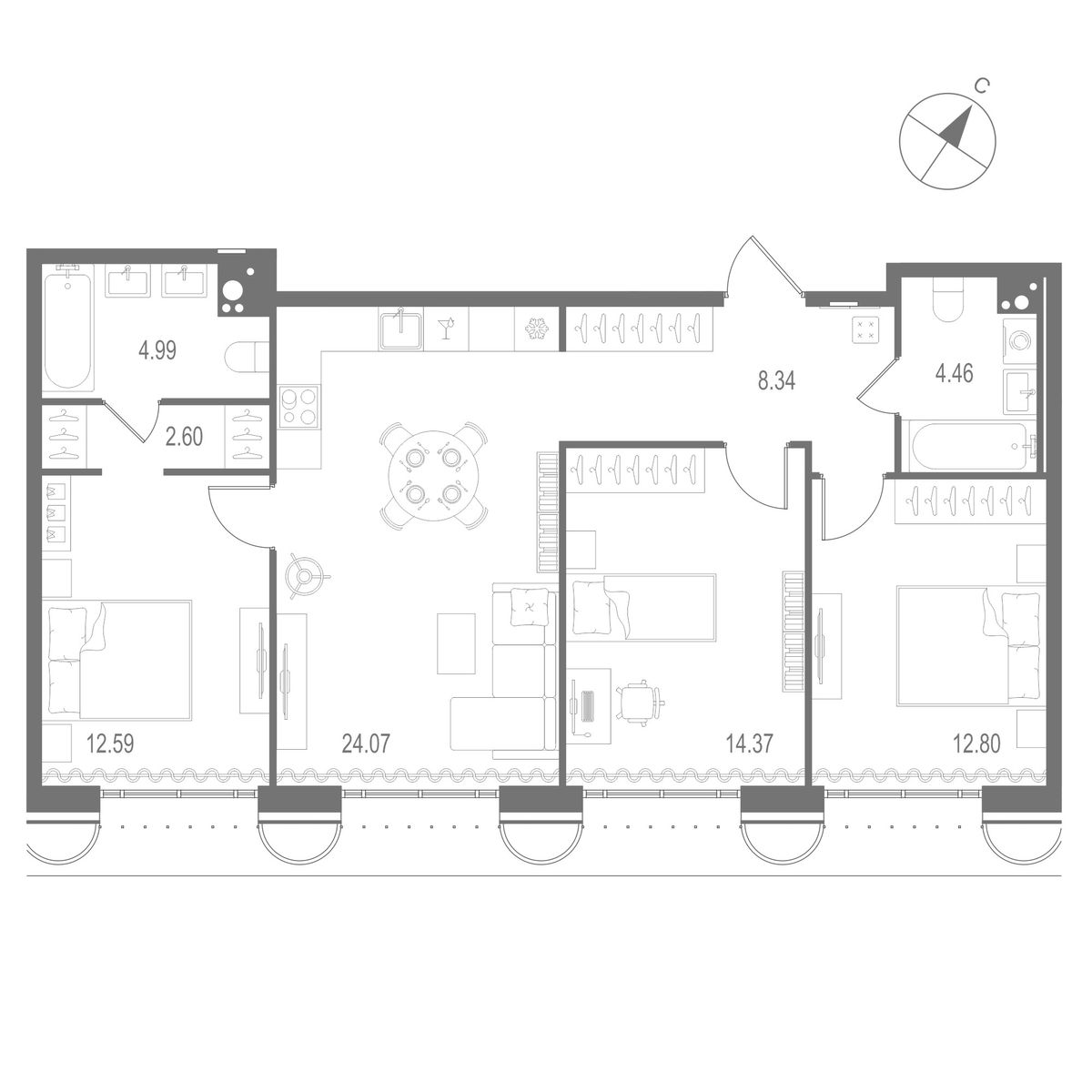 3-комнатная квартира, 84.22 кв.м, Остров Первых Клубный квартал на Неве, изображение-2