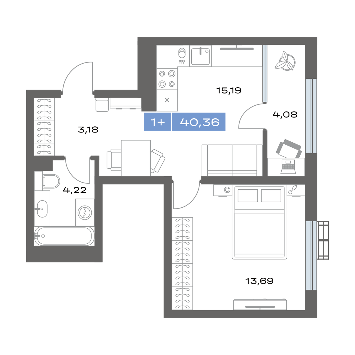 1-комнатная, 40.36 м² 1