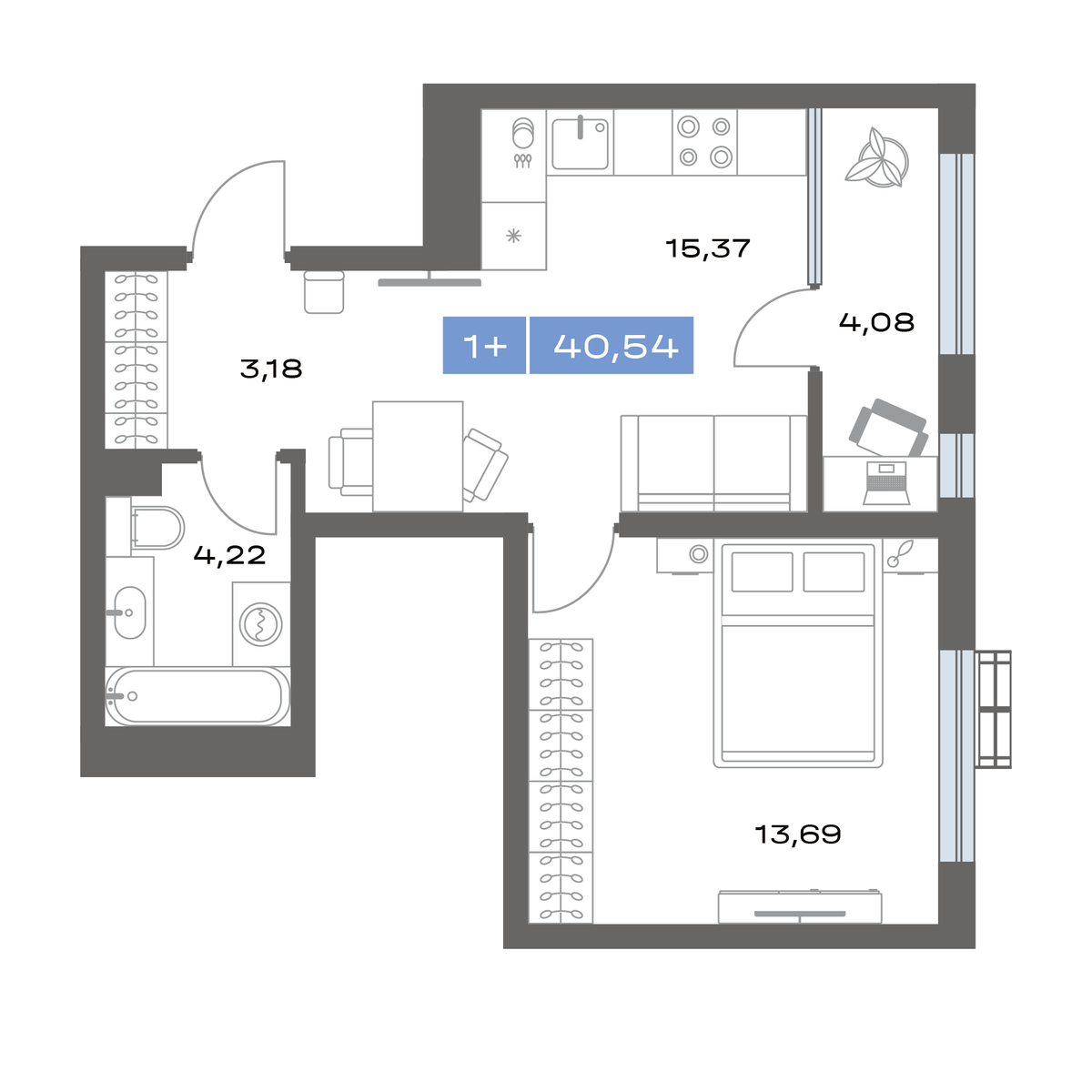 1-комнатная, 40.54 м² 1