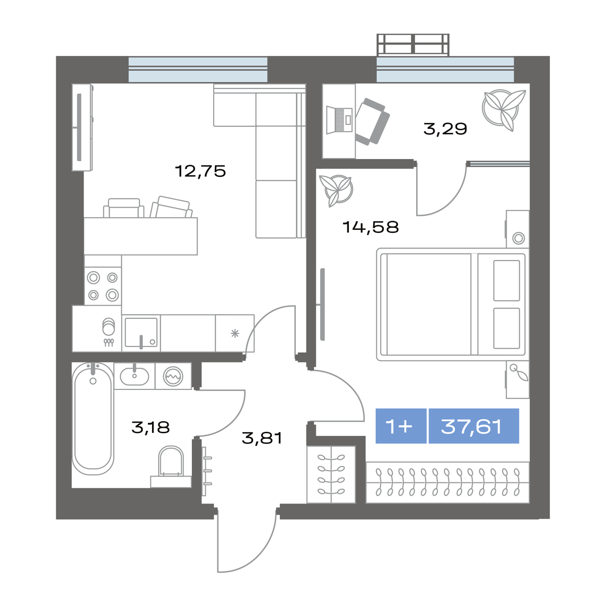 1-комнатная, 37.61 м² 1