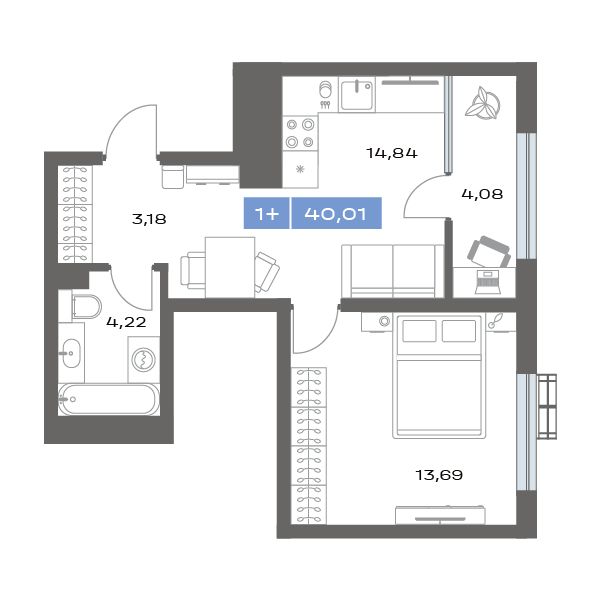 1-комнатная, 40.01 м² 1