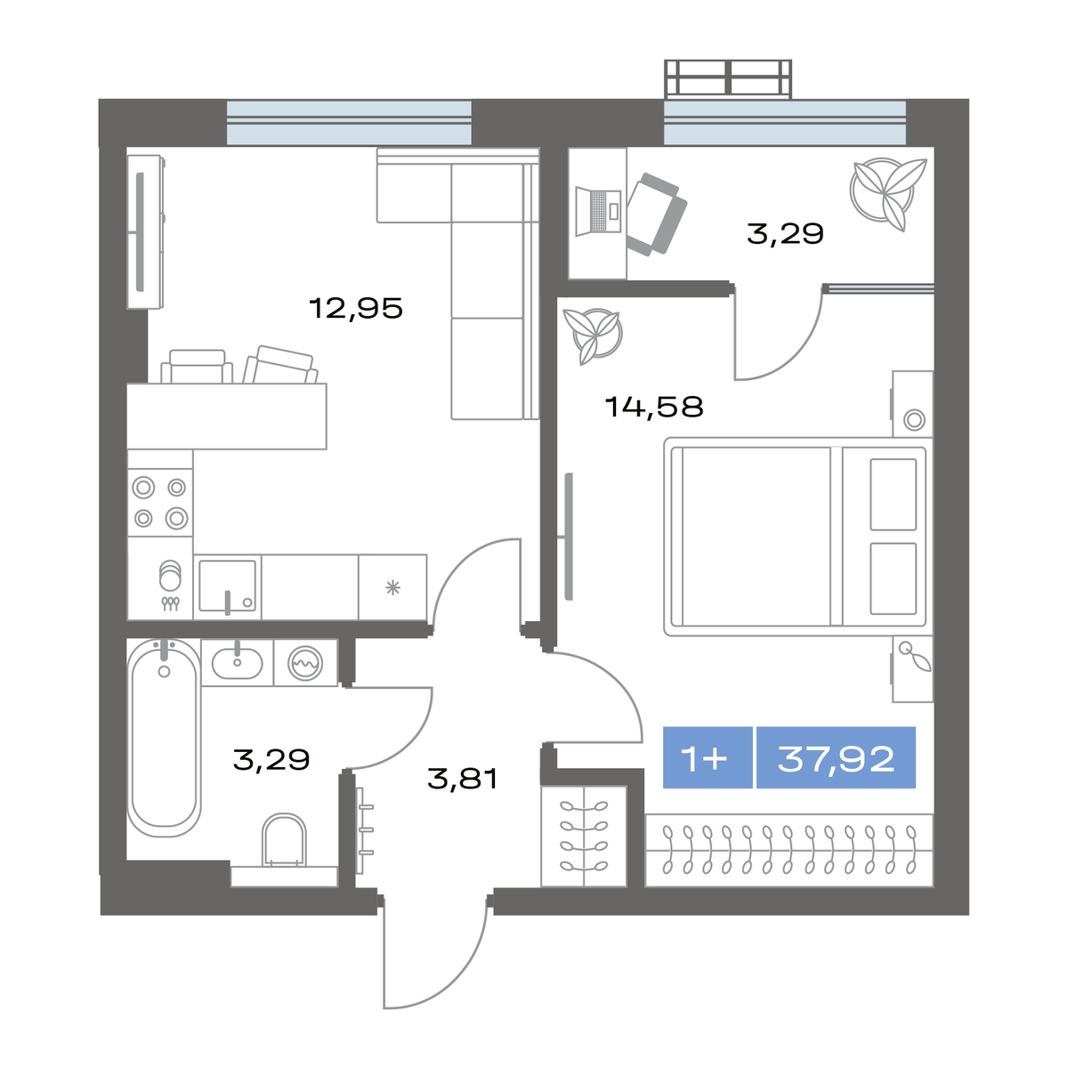 1-комнатная, 37.92 м² 1