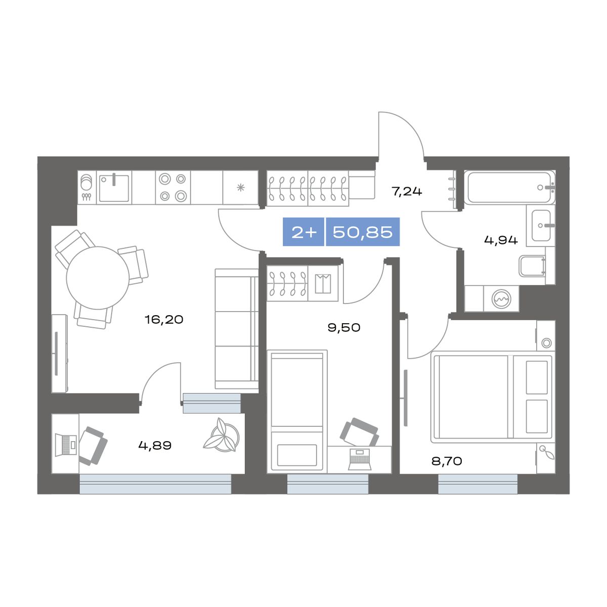 1-комнатная, 37.25 м² 1