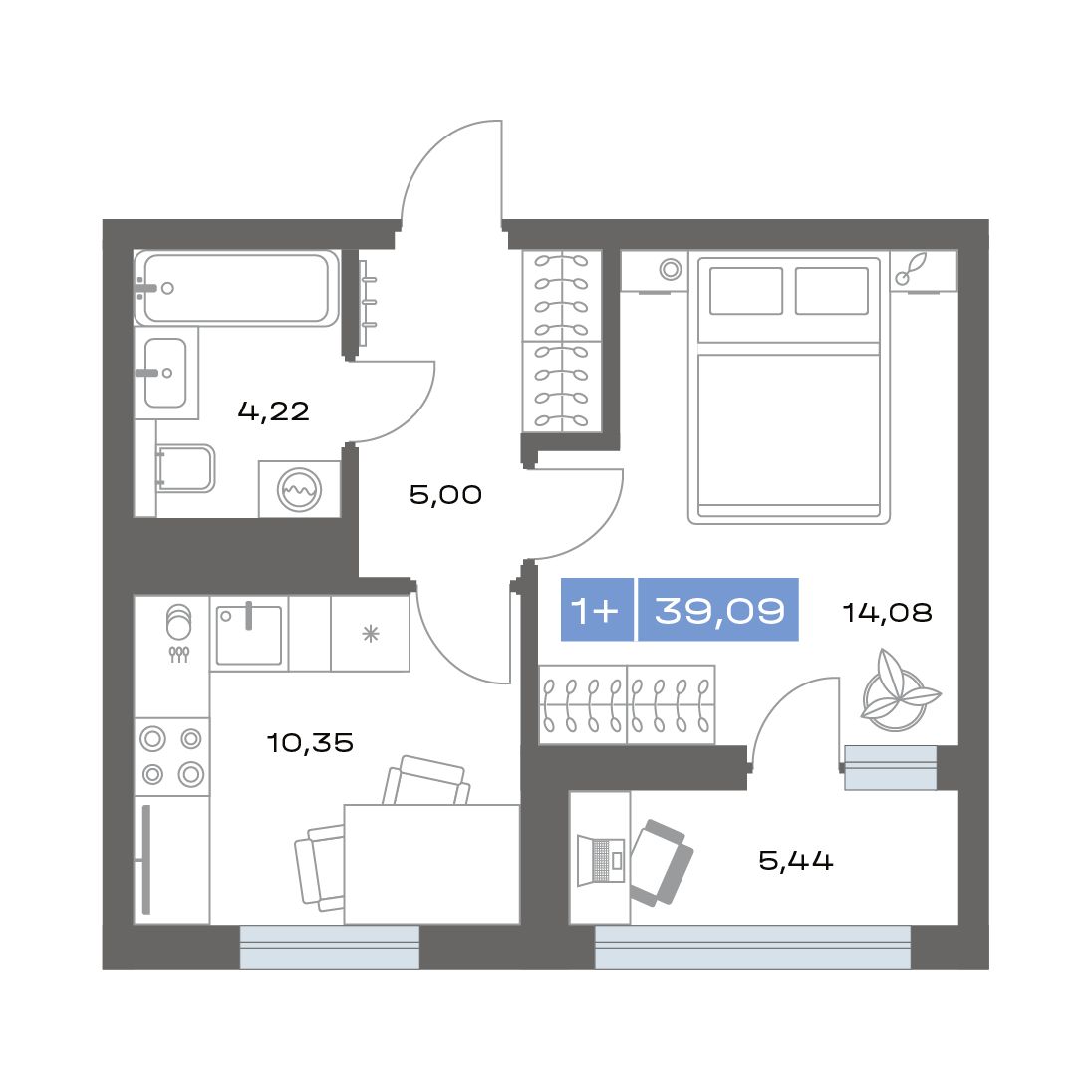 1-комнатная, 44.87 м² 1