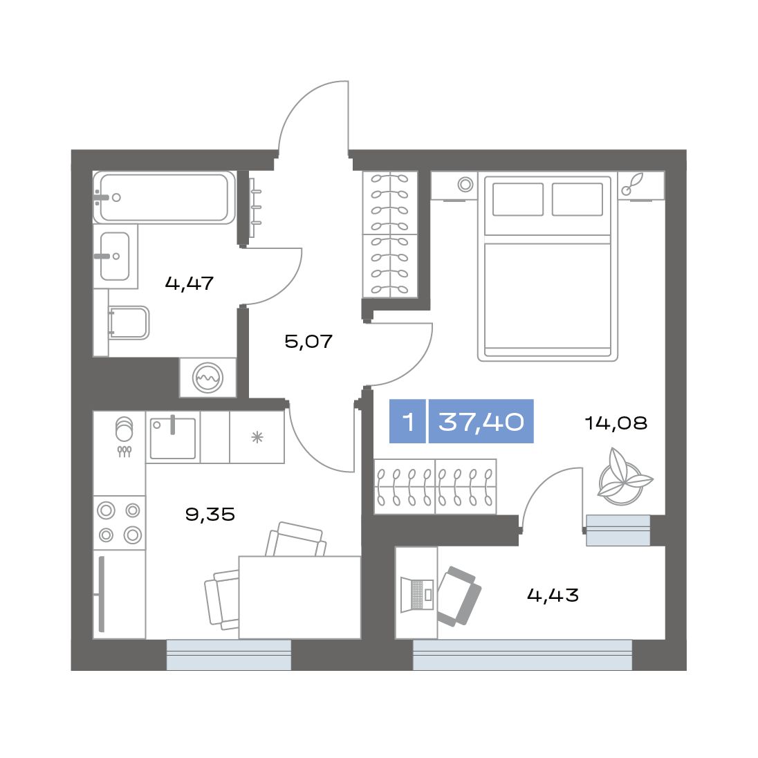 1-комнатная, 43.09 м² 1
