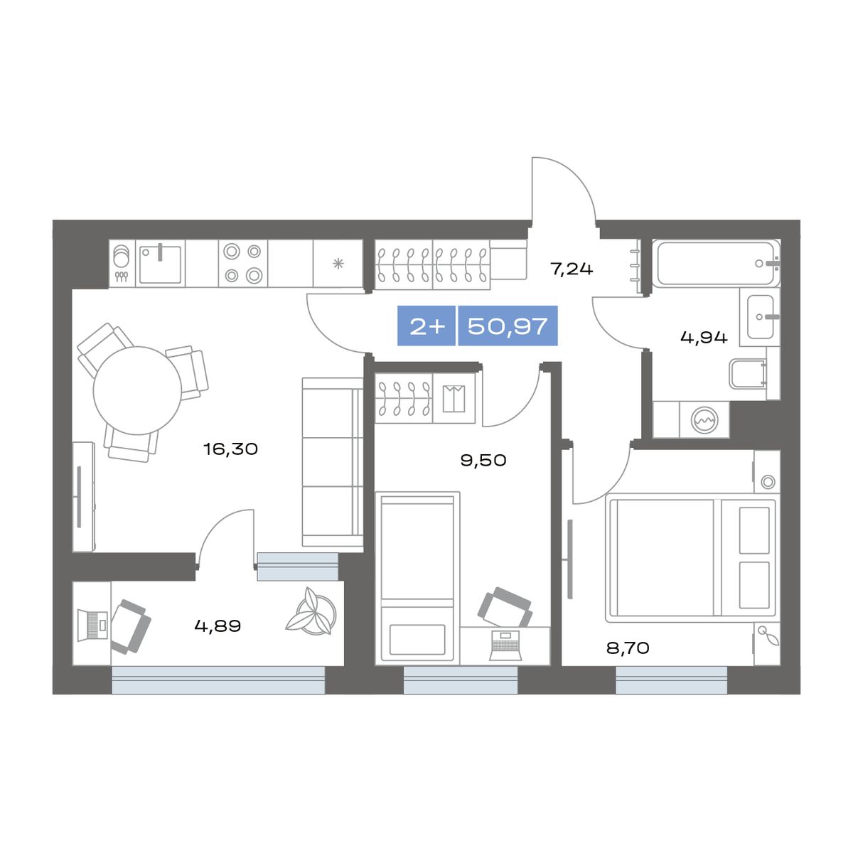 1-комнатная, 37.35 м² 1