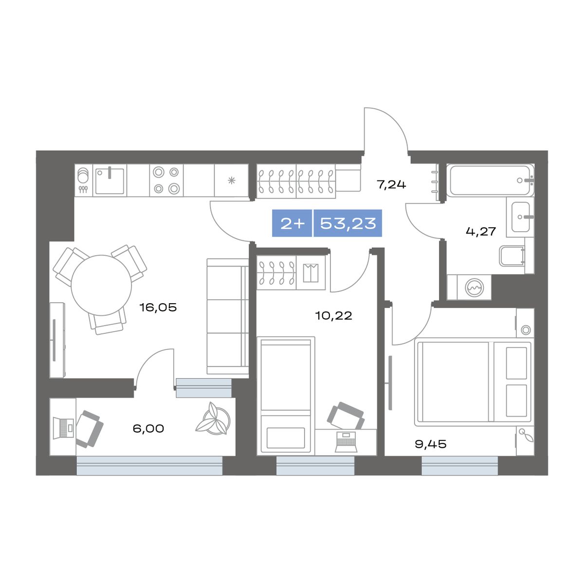 1-комнатная, 39.08 м² 1