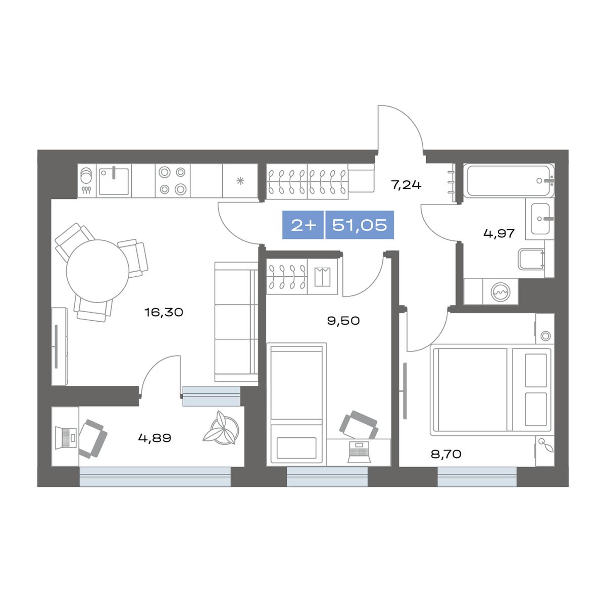 1-комнатная, 37.4 м² 1
