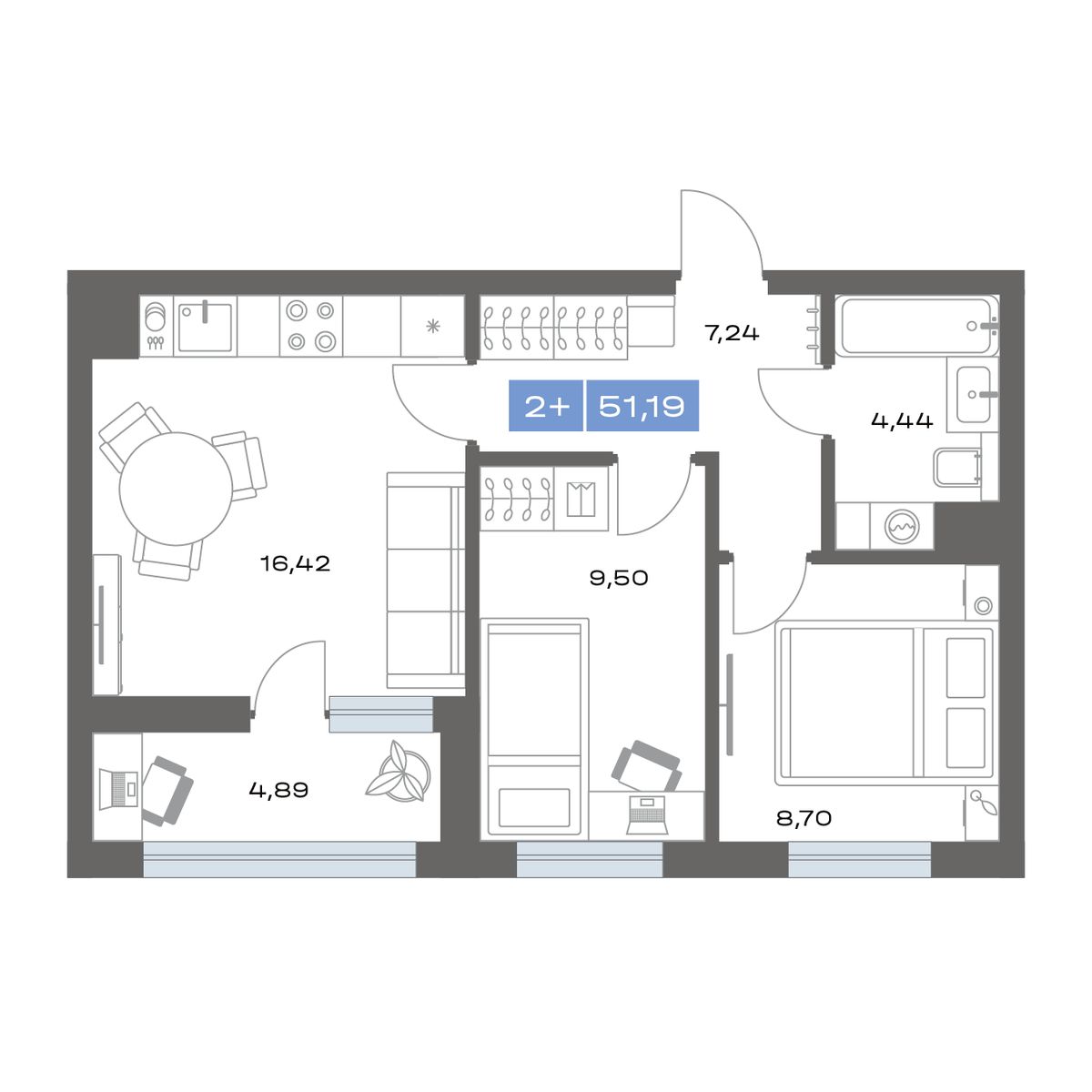 1-комнатная, 37.47 м² 1