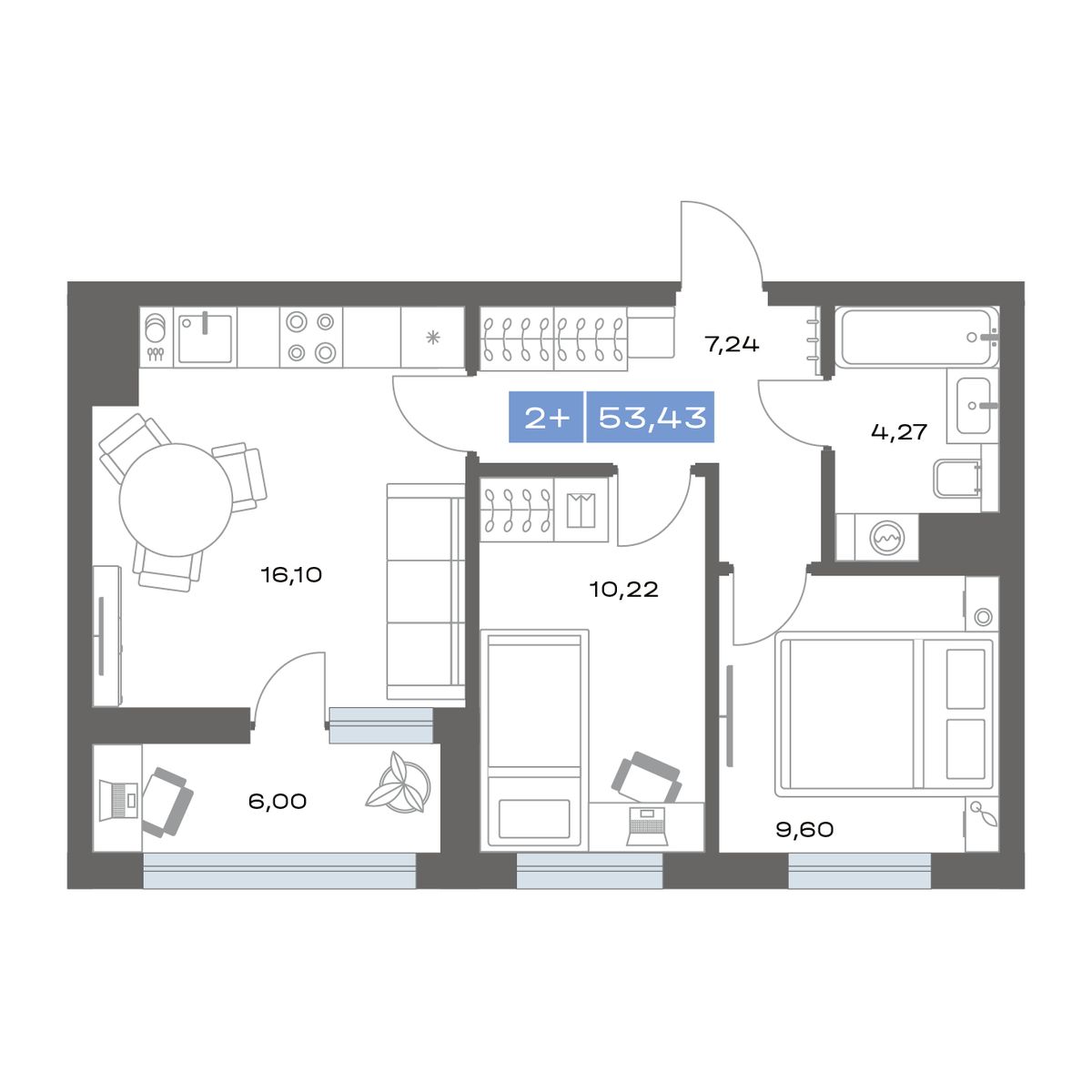 1-комнатная, 39.1 м² 1