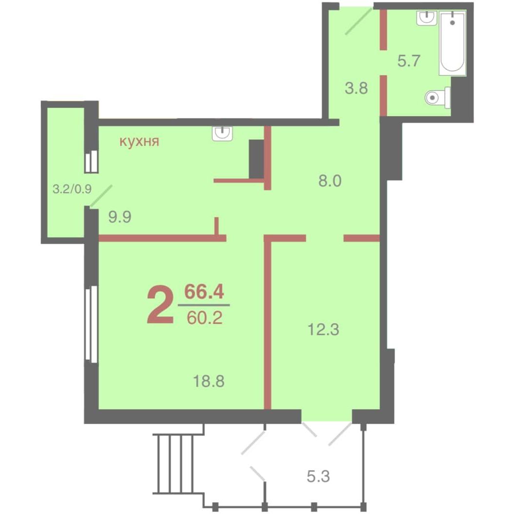 2-комнатная квартира, 66.4 кв.м, ЖК Апрелевка