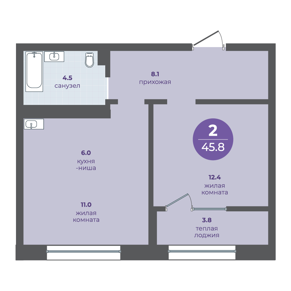 2-комнатная, 42.0 м², 15 этаж из 26, прогресс-кварталы «Перемены»