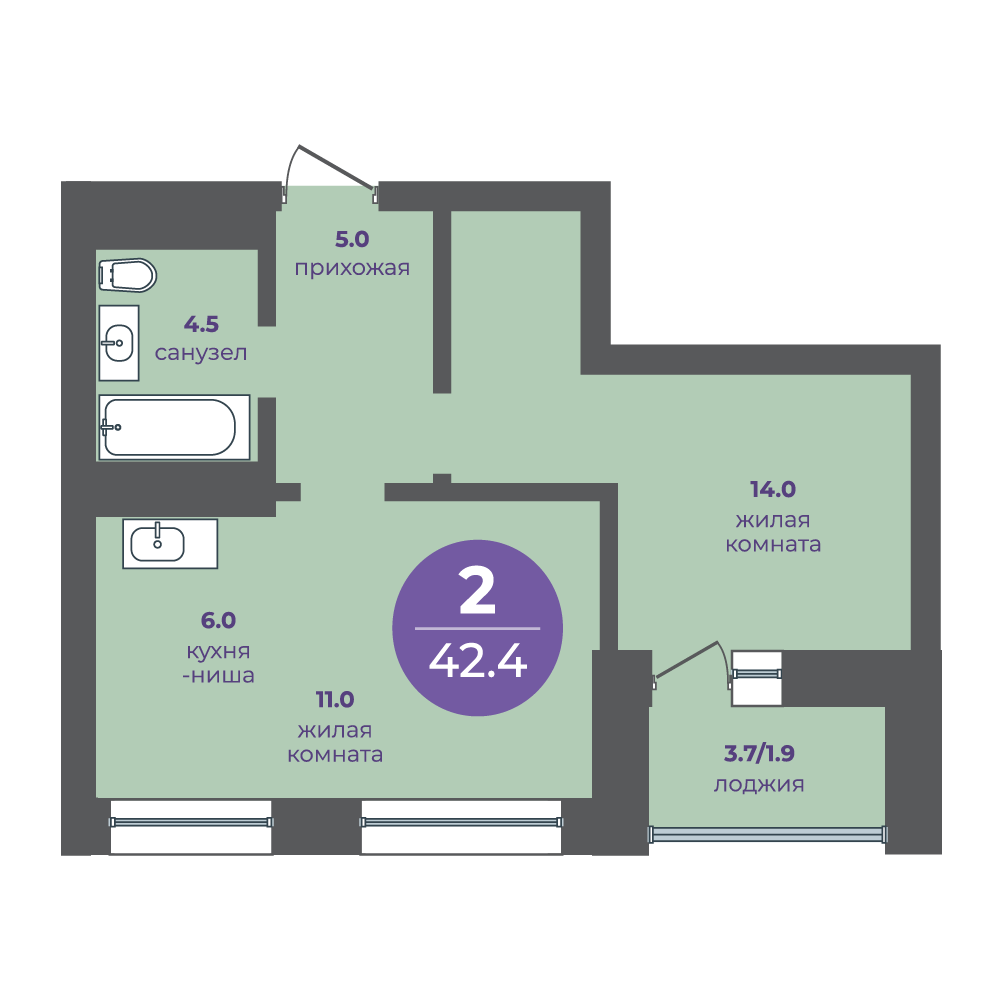 2-комнатная, 42.4 м², 22 этаж из 23, прогресс-кварталы «Перемены»