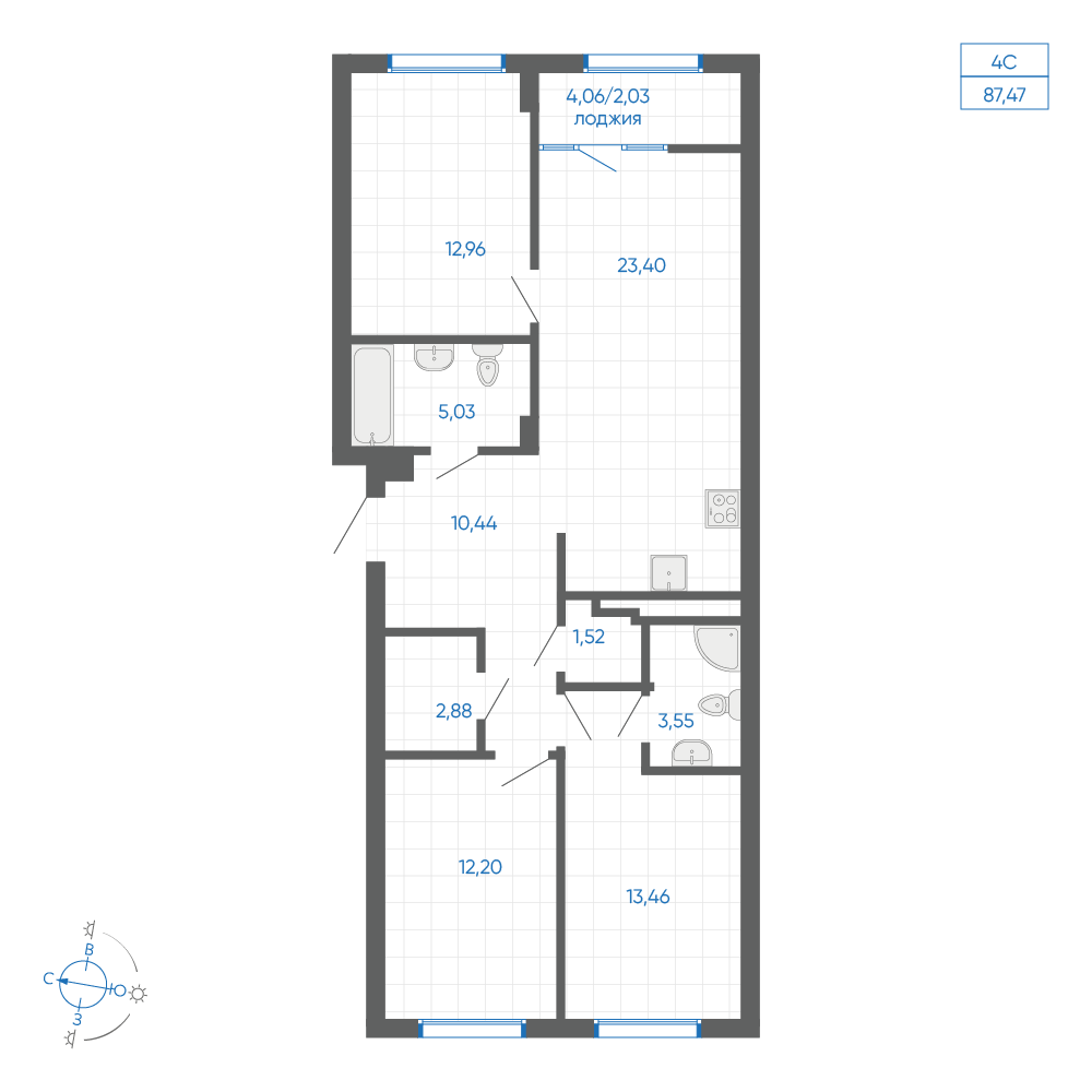 3-комнатная квартира, 87.47 кв.м, квартал «НОВИЛЬ»