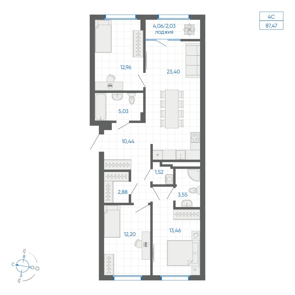 3-комнатная квартира, 87.47 кв.м, ЖК Новиль, изображение-2