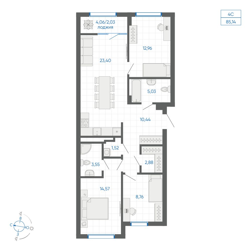 3-комнатная квартира, 85.14 кв.м, ЖК Новиль, изображение-2
