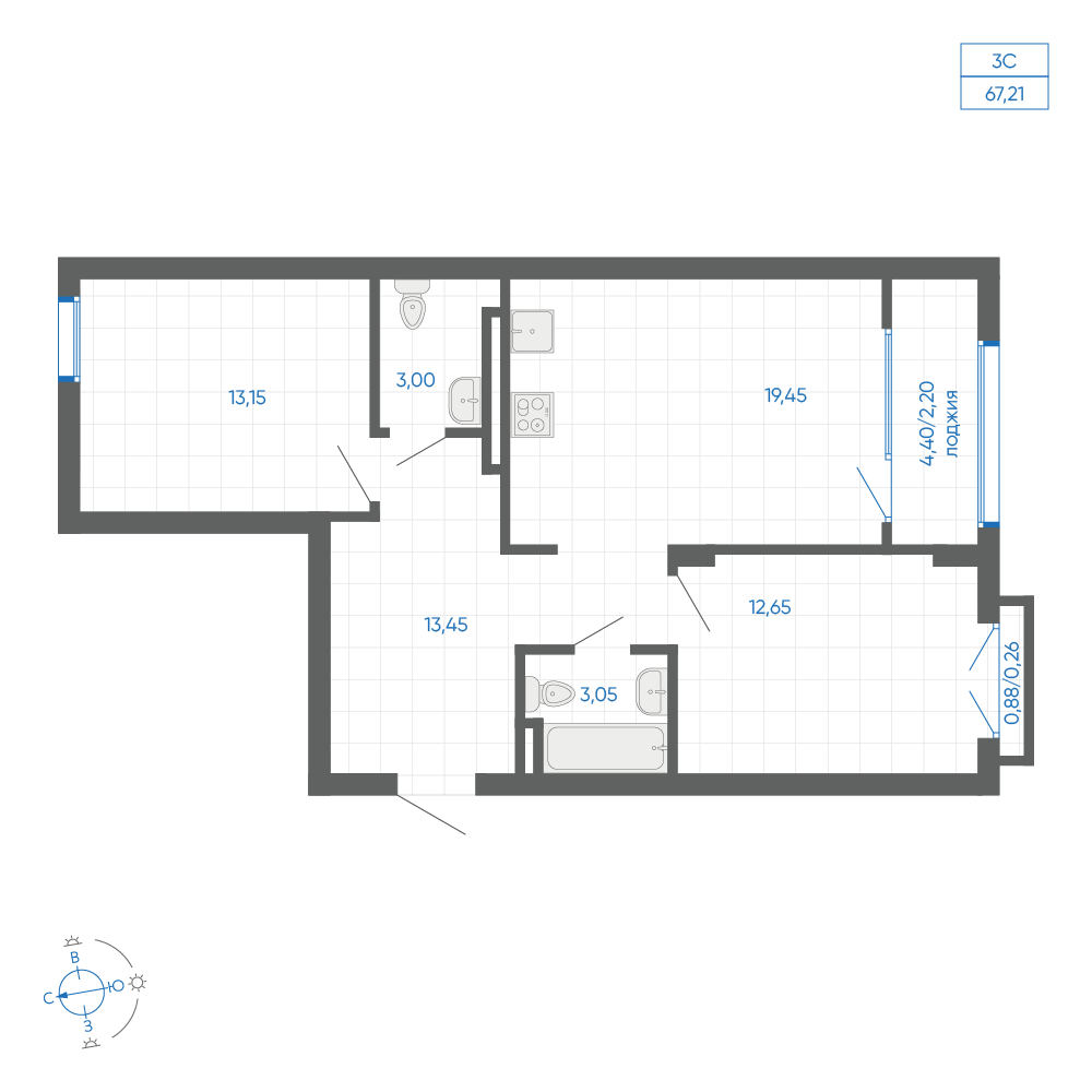 2-комнатная, 72.5 м², 8 этаж из 8, квартал «НОВИЛЬ»
