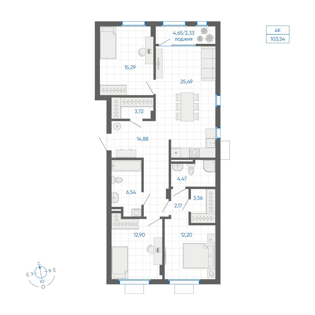 3-комнатная квартира, 103.55 кв.м, ЖК Новиль, изображение-2