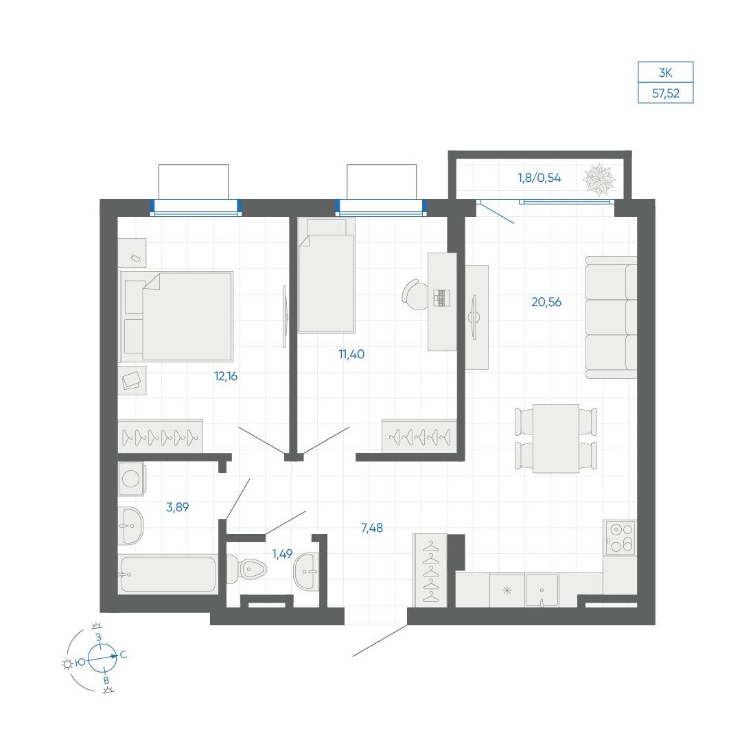 2-комнатная квартира, 57.52 кв.м, ЖК Новиль, изображение-2