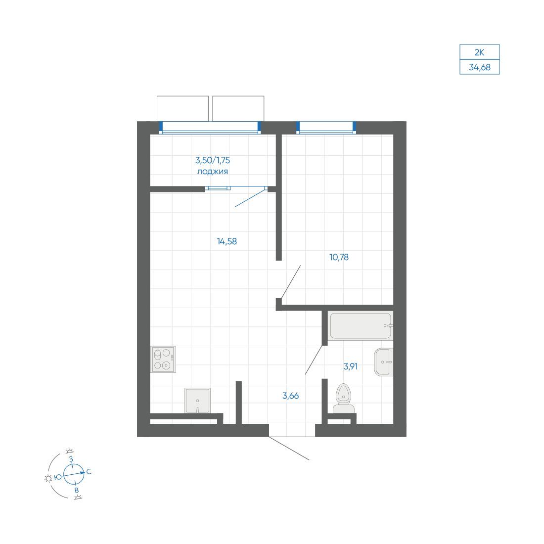 1-комнатная квартира, 34.68 кв.м, квартал «НОВИЛЬ»
