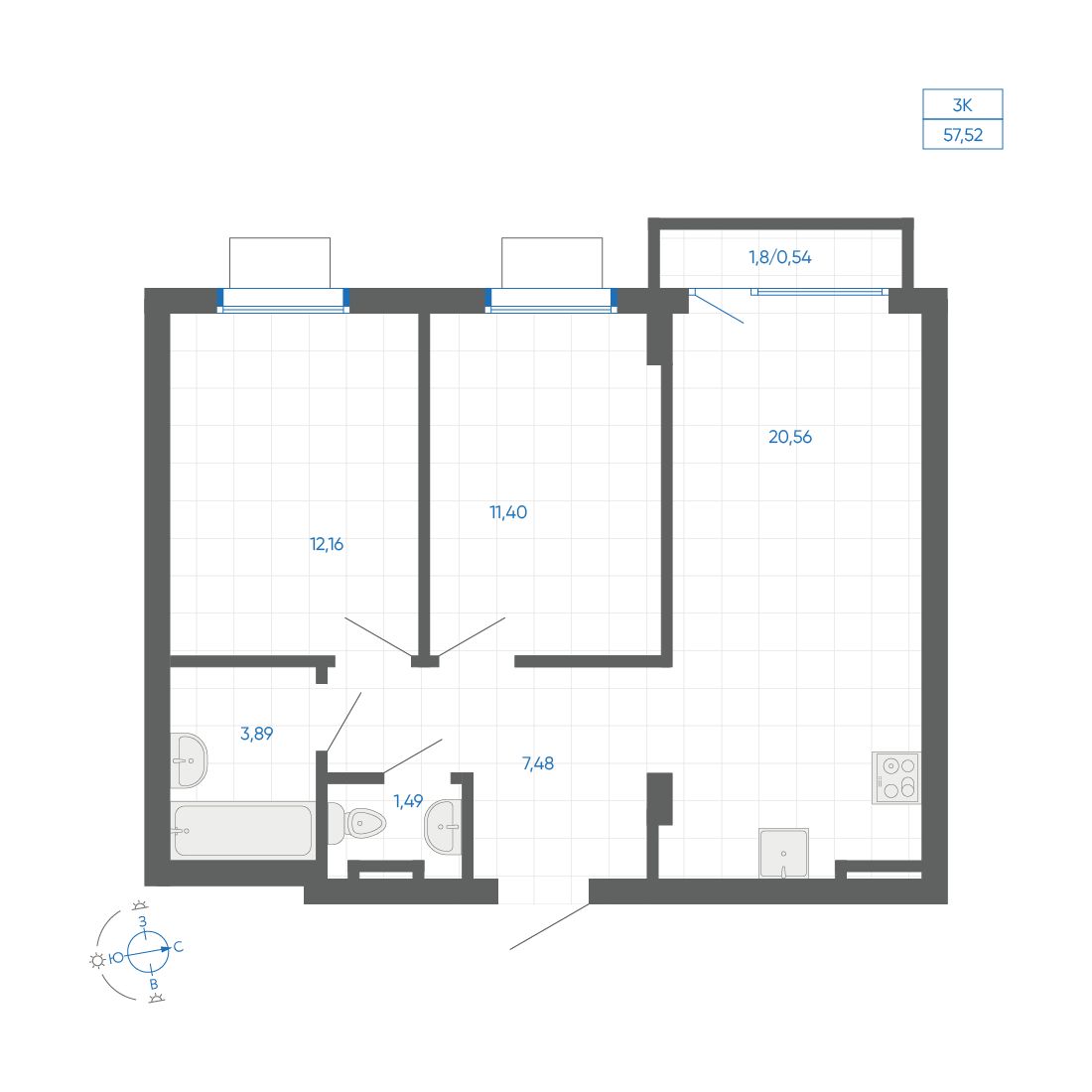 2-комнатная квартира, 57.52 кв.м, квартал «НОВИЛЬ»