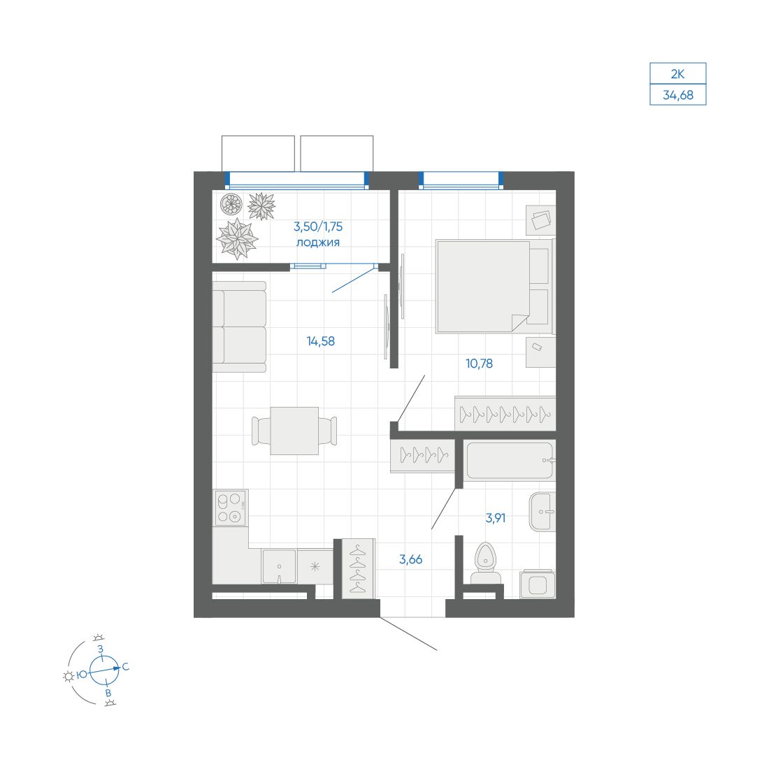 1-комнатная квартира, 34.68 кв.м, ЖК Новиль, изображение-2