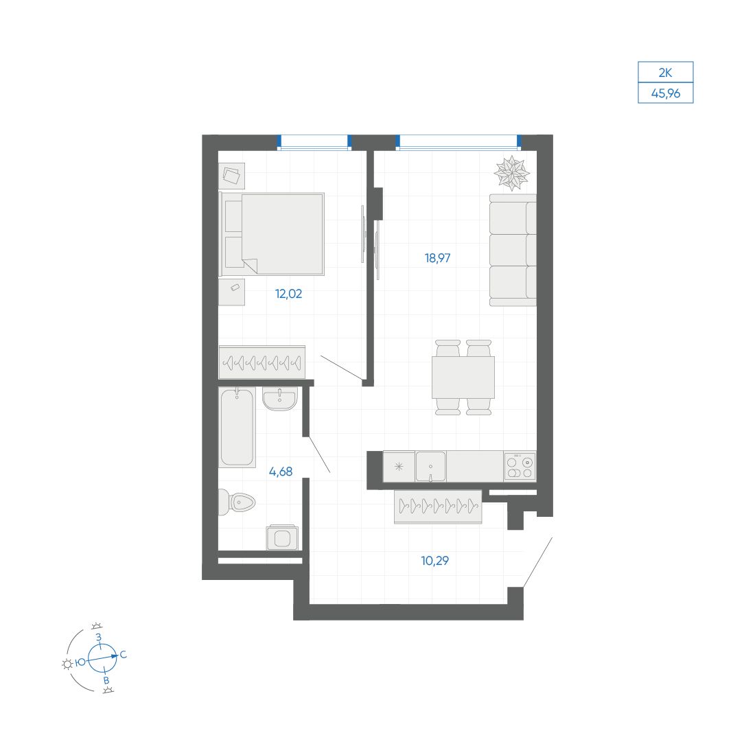 1-комнатная квартира, 45.96 кв.м, ЖК Новиль, изображение-2