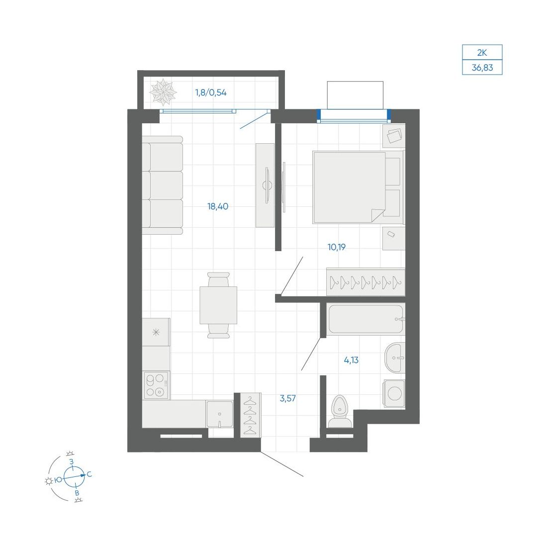 1-комнатная квартира, 36.83 кв.м, ЖК Новиль, изображение-2