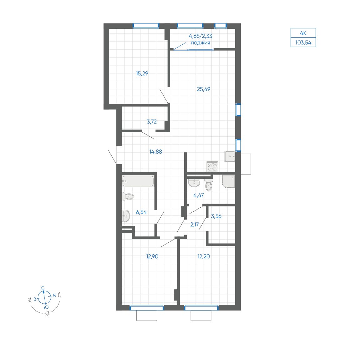 3-комнатная квартира, 103.55 кв.м, квартал «НОВИЛЬ»