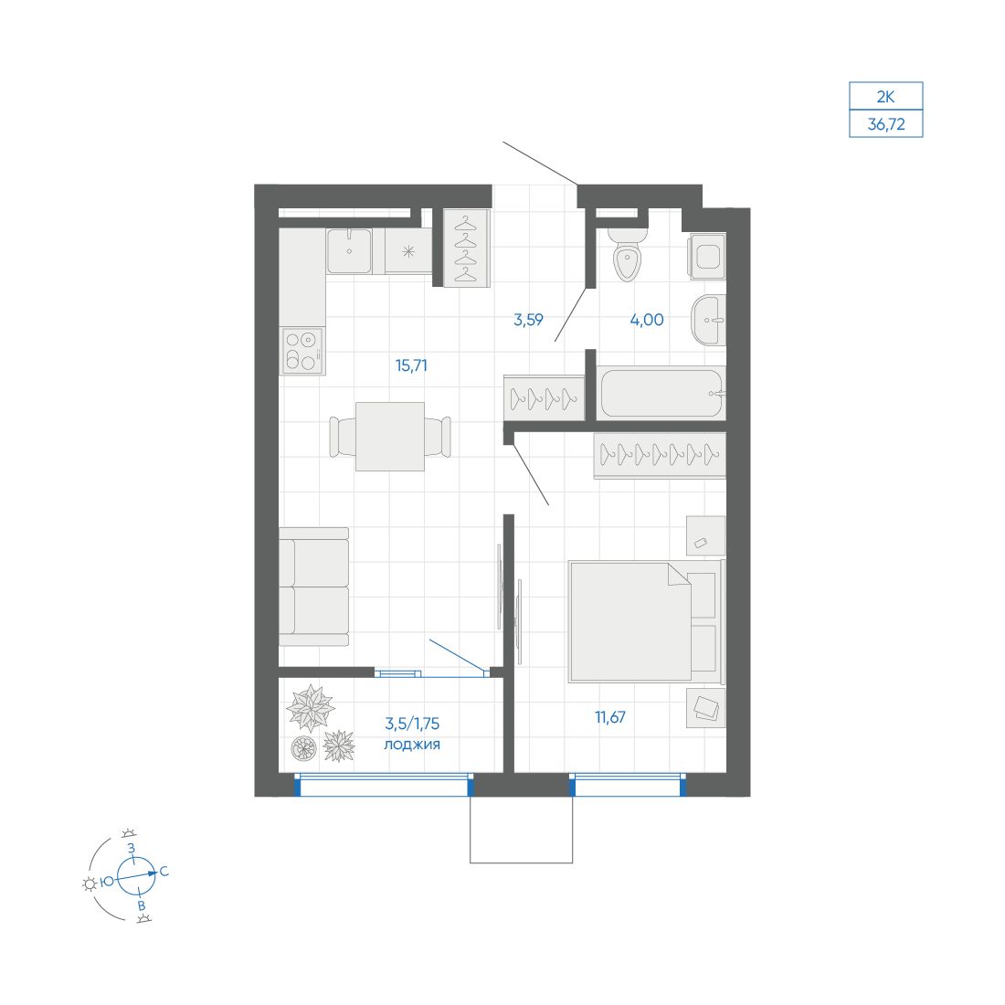 1-комнатная квартира, 36.72 кв.м, ЖК Новиль, изображение-2