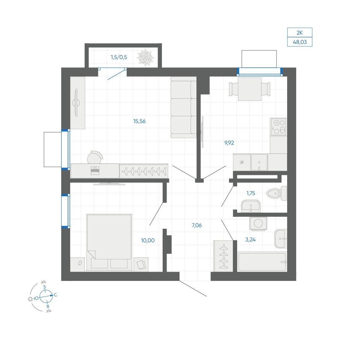2-комнатная квартира, 48.03 кв.м, ЖК Новиль, изображение-2